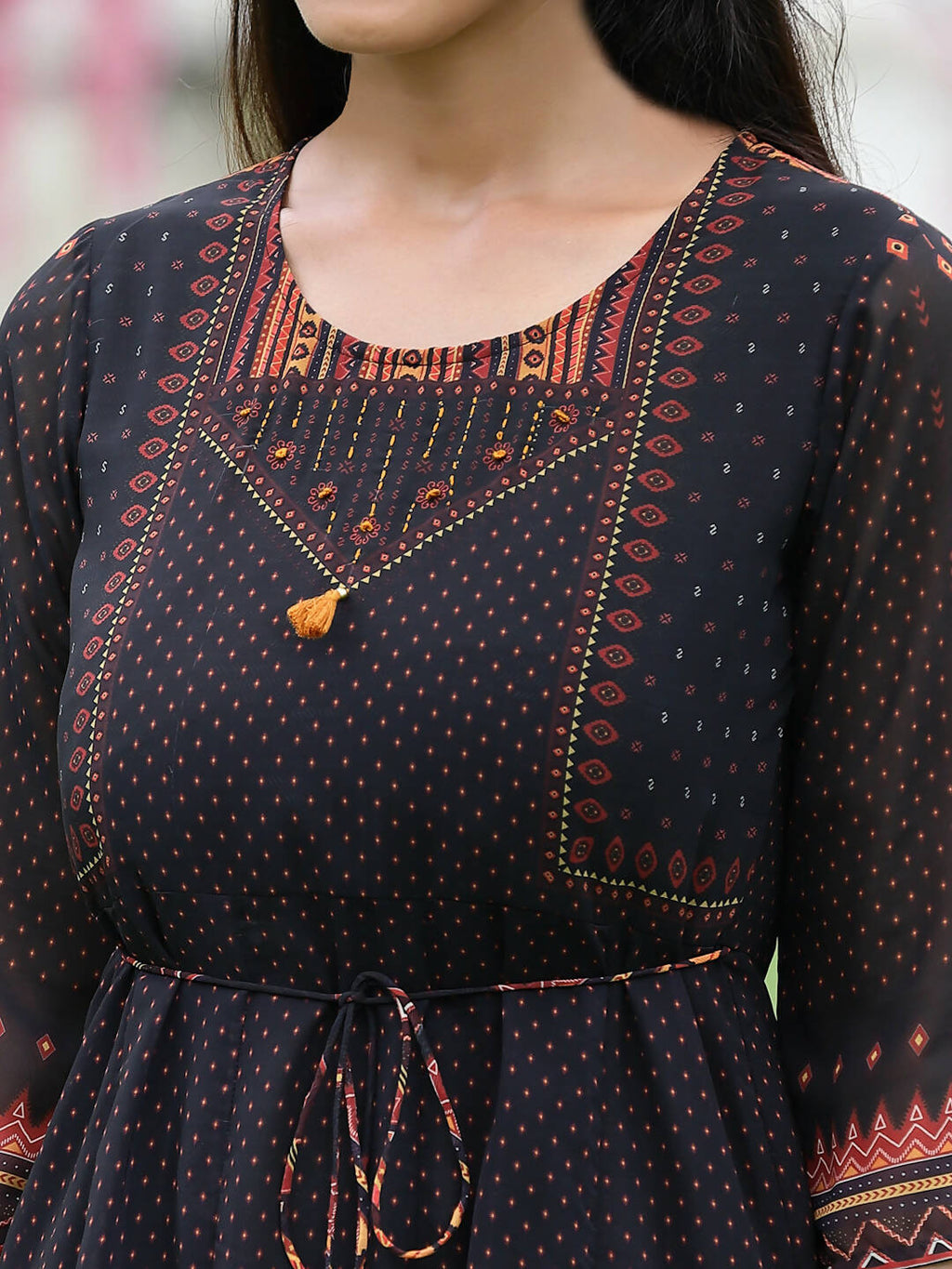 Juniper Black Georgette Festive Printed A-Line Dress For Women | Grocsy