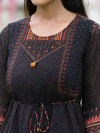 Juniper Black Georgette Festive Printed A-Line Dress For Women | Grocsy
