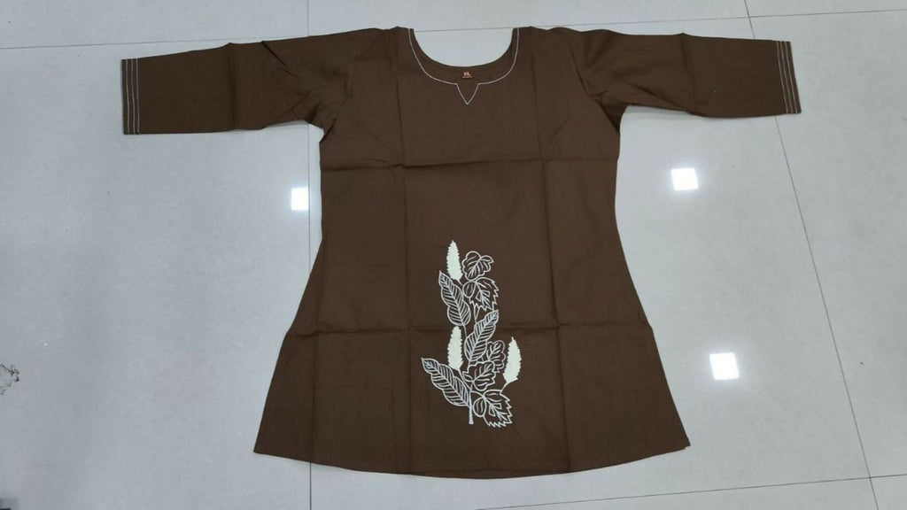 Teeya Creation Womens New Latest Cotton Brown Floral Embroidered Short Kurti | Grocsy