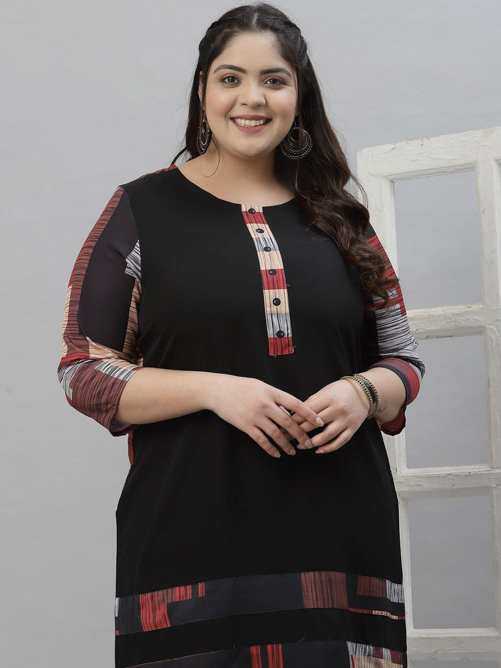 Sztori Plus Size Printed Neck Round Neck Straight Kurta | Grocsy