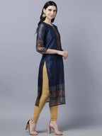 Myshka Women Navy Blue Ethnic Motifs Printed Keyhole Neck Chanderi Silk Kurta | Grocsy