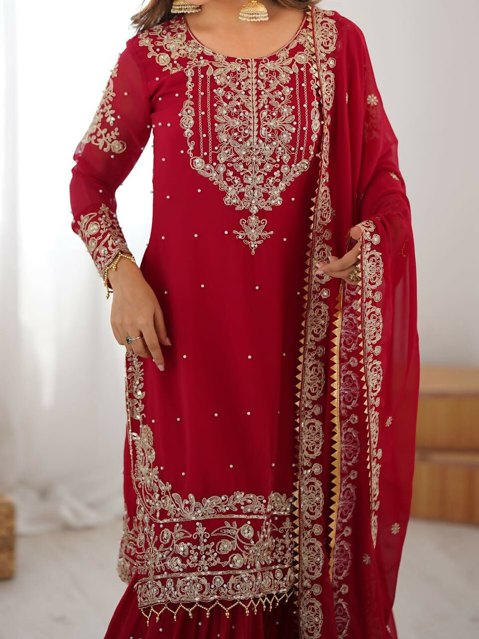 The52 Women's Beautiful Faux Georgette Fabric Embroidery Work Straight Kurt Sharara and Dupatta Set | Grocsy