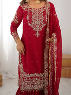 The52 Women's Beautiful Faux Georgette Fabric Embroidery Work Straight Kurt Sharara and Dupatta Set | Grocsy