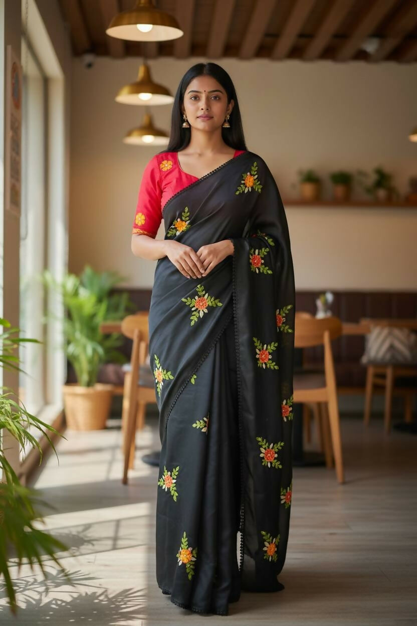 Teeya Creation Black Rangoli Silk Embroidery Work Party Wear Designer Saree | Grocsy