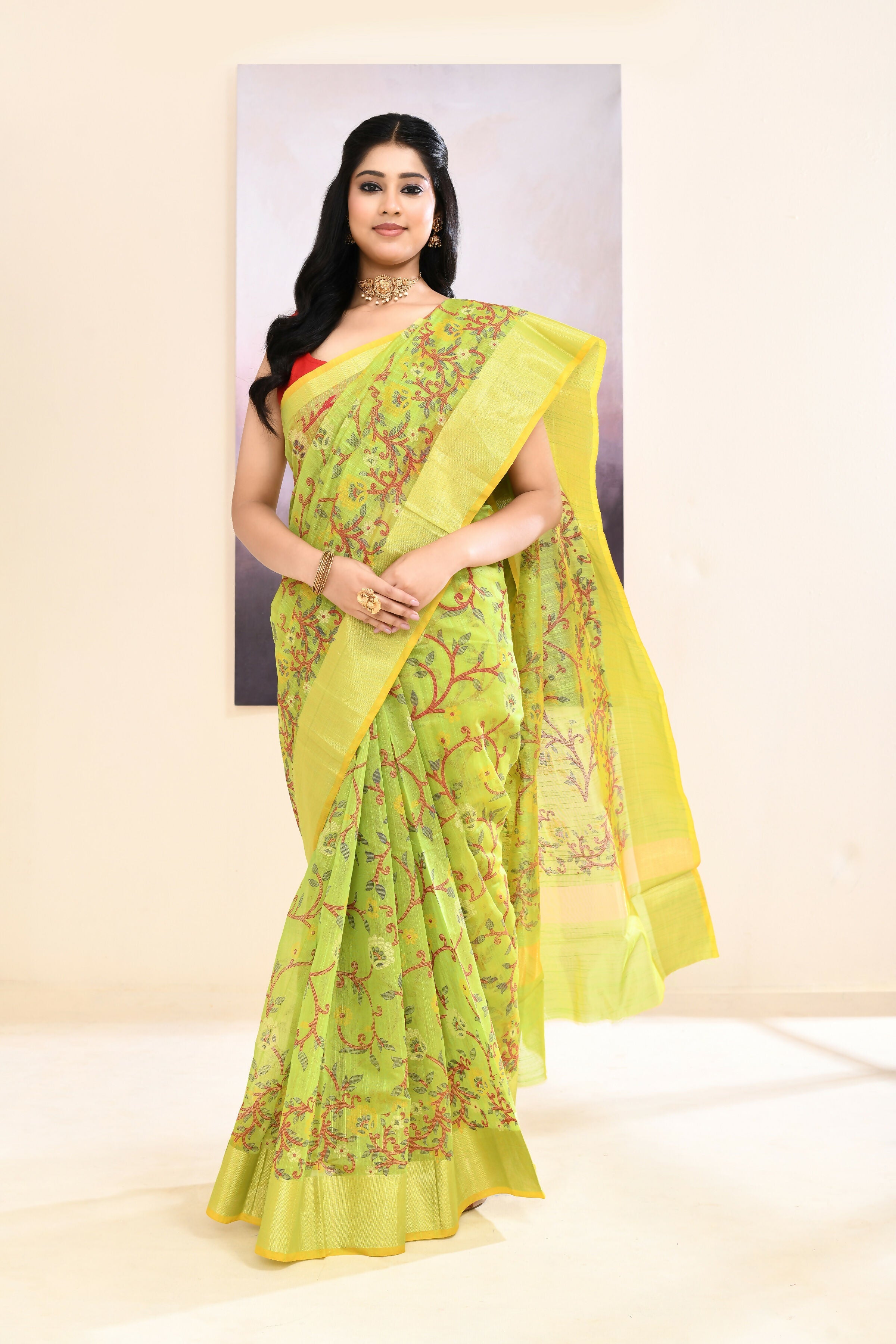 Piyari Fashion Women's Olive Embellished Cotton Blend Printed Saree | Grocsy