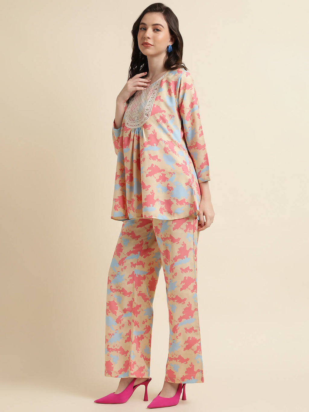 Beige & Pink Poly Crepe Digital Printed Top with Matching Bottom - Preeti | Grocsy