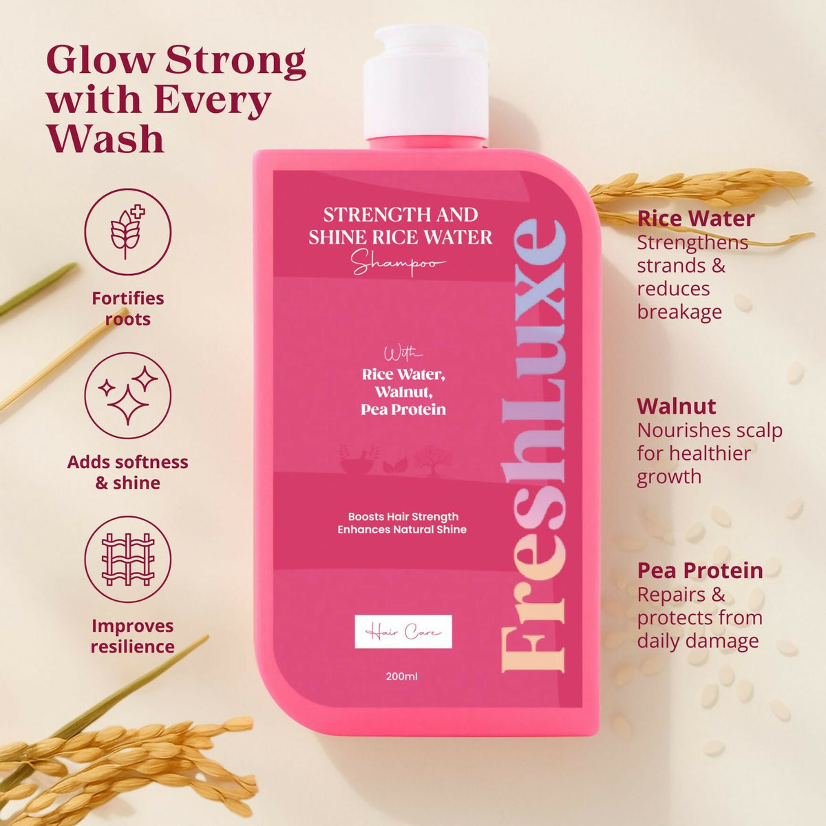 FreshLuxe Strength & Shine Shampoo Rice Water, Walnut Oil & Pea Protein For Damaged Hair & Reduce Split Ends | Grocsy