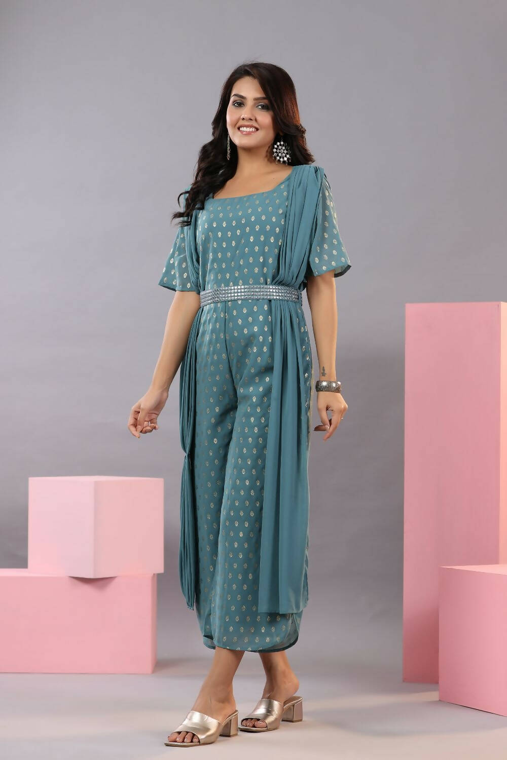 Juniper Women Teal Georgette Foil Printed Draped Jumpsuit | Grocsy