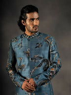 Deep Blue Hand Embroidered Indowestern Sherwani by Hilo Design | Grocsy