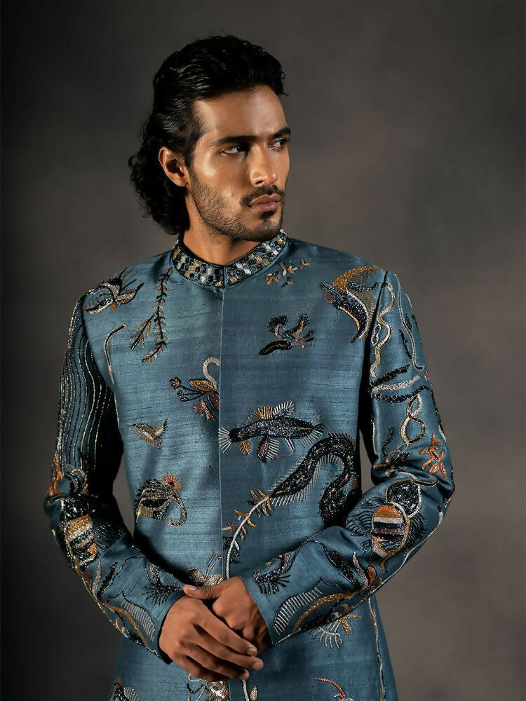 Deep Blue Hand Embroidered Indowestern Sherwani by Hilo Design | Grocsy