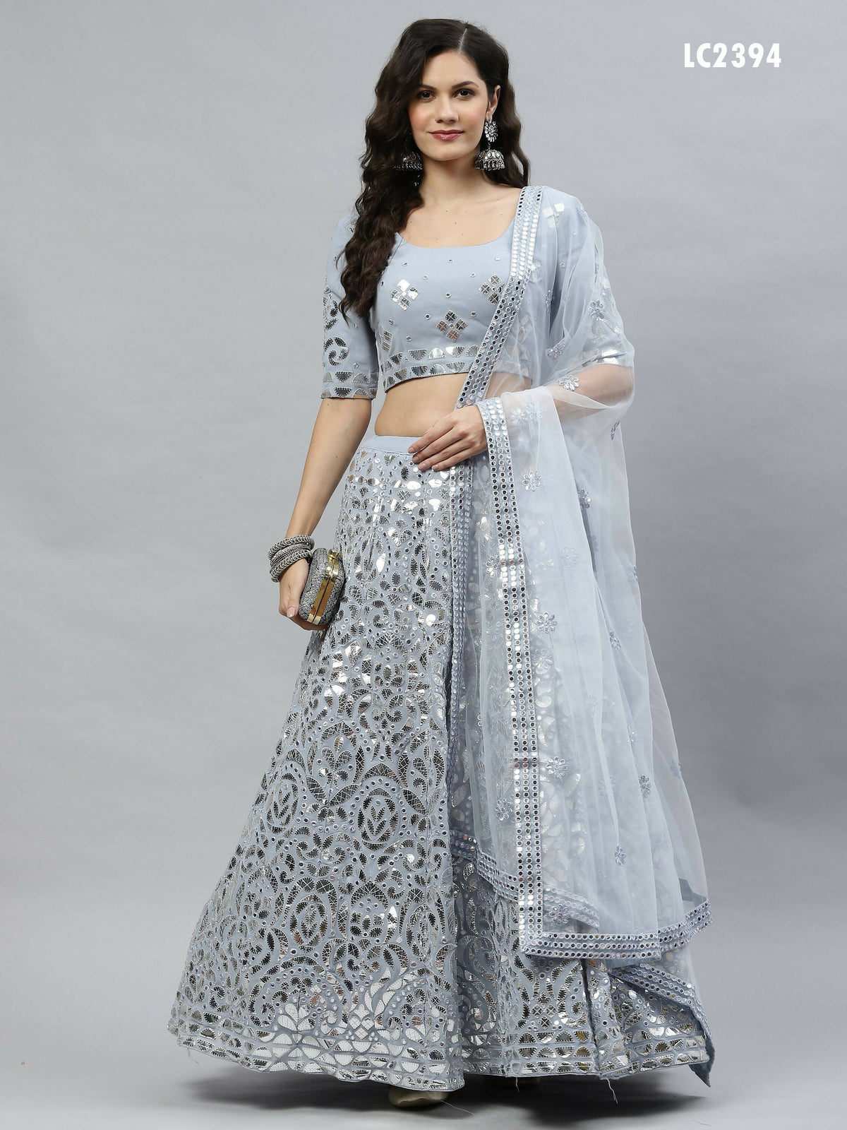 Sky Blue Georgette Paper Mirror Embroidery Work Lehenga Choli with Dupatta - Jivika | Grocsy