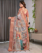 PR Fashion Peach Pure Handloom Linen Saree | Grocsy