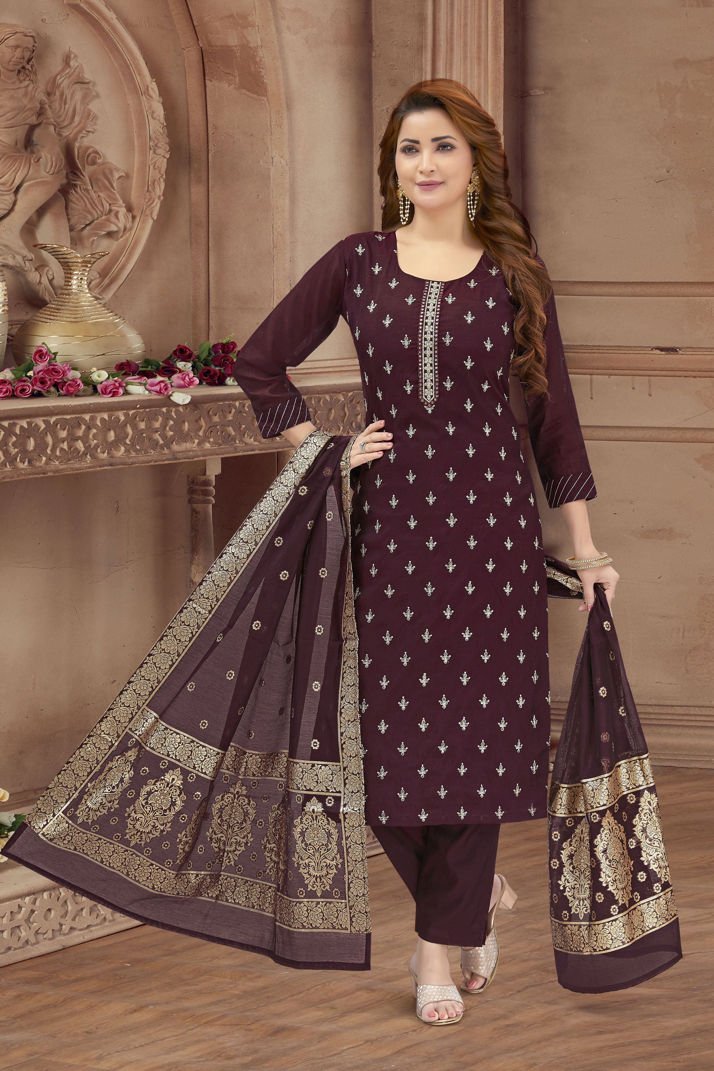Joban Fashion Wine Soft Silk Thread Work Kurta Set | Grocsy