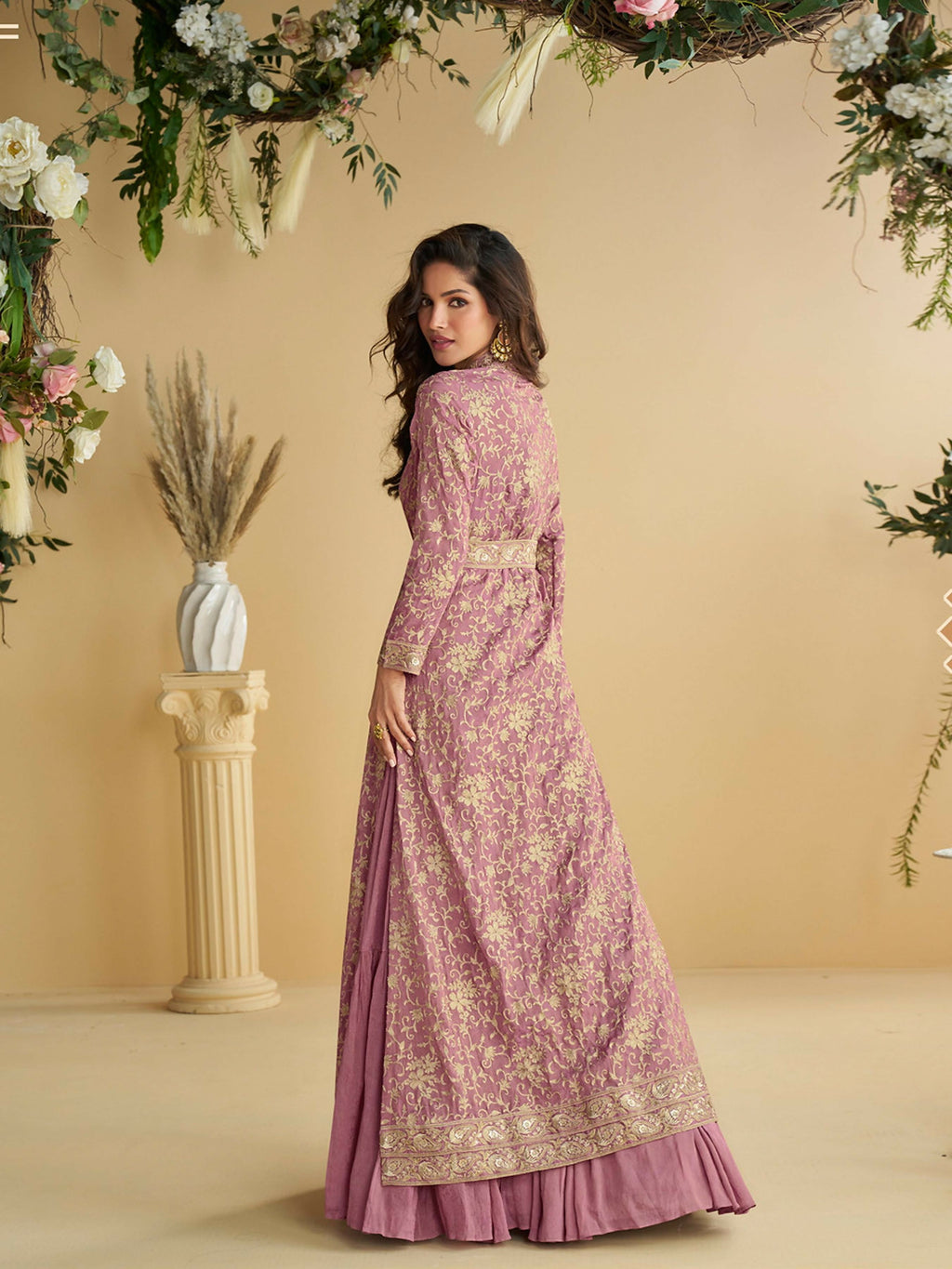 Anaita Purple Chinon Silk Readymade Anarkali Shrug Gown with Belt & Embroidery Work | Grocsy
