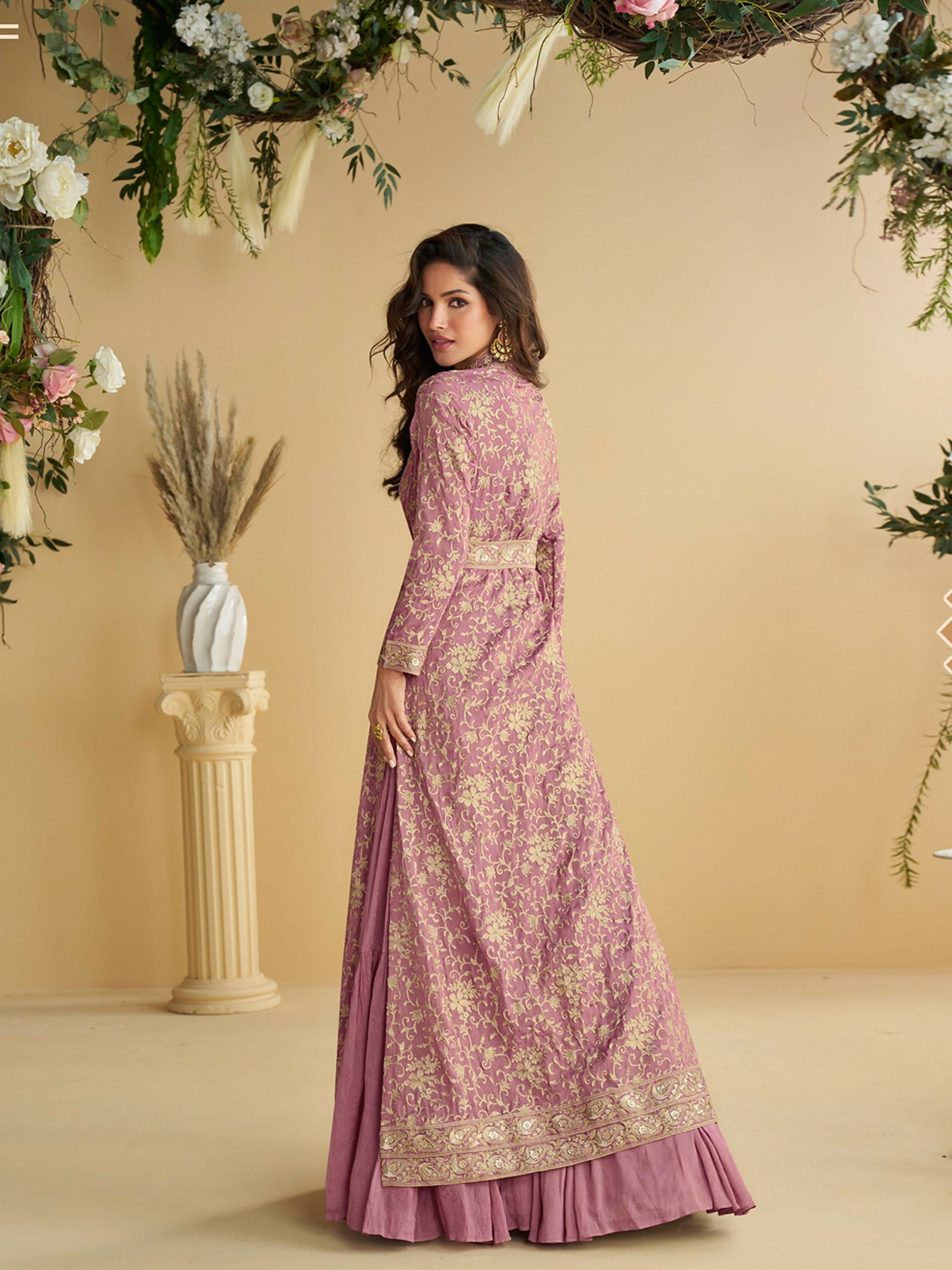 Anaita Purple Chinon Silk Readymade Anarkali Shrug Gown with Belt & Embroidery Work | Grocsy