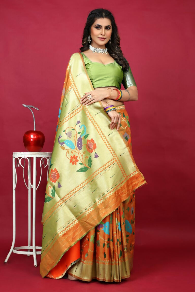 Jyoti Fashion Women's Orange Paithani Silk Zari Woven Saree with Blouse | Grocsy