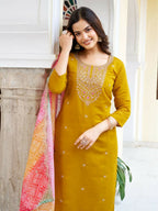 The52 Women's Beautiful Viscose Chanderi Fabric Embroidery Work Straight Kurta Pant and Dupatta Set | Grocsy