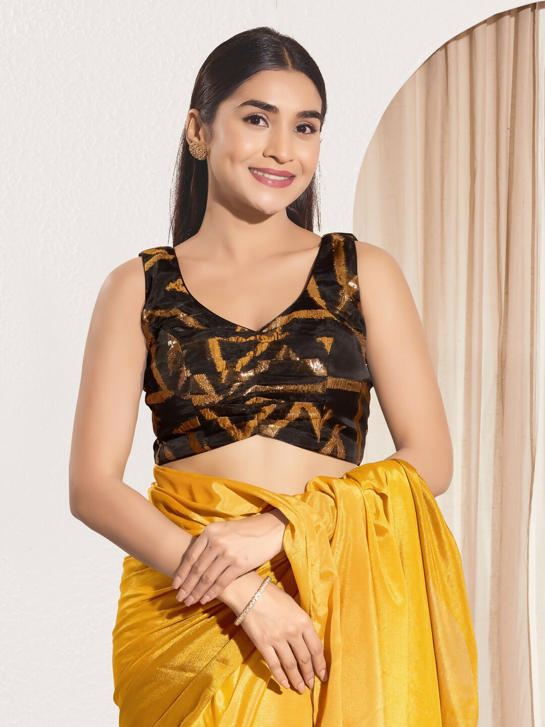 Joban Fashion Mustard Organza Padded Blouse With Sweetheart Neck Sleeveless | Grocsy