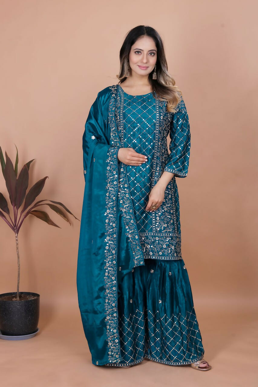 Teeya Creation Teal Color Chinon Silk Embroidery Work Sharara Set | Grocsy