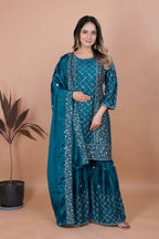 Teeya Creation Teal Color Chinon Silk Embroidery Work Sharara Set | Grocsy