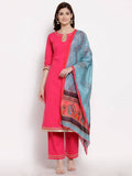 Myshka Women's Pink Cotton 3/4 Sleeve Round Neck Solid Casual Kurta Pant Dupatta Set | Grocsy