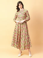 Joban Fashion Beige Cotton Printed & Hand Work Dress | Grocsy