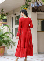 Kaajh Women's Red Mirror Embroidered Cotton Ethnic Dress | Grocsy