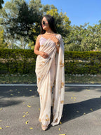 Vamsee Cream Chiffon Designer Saree | Grocsy