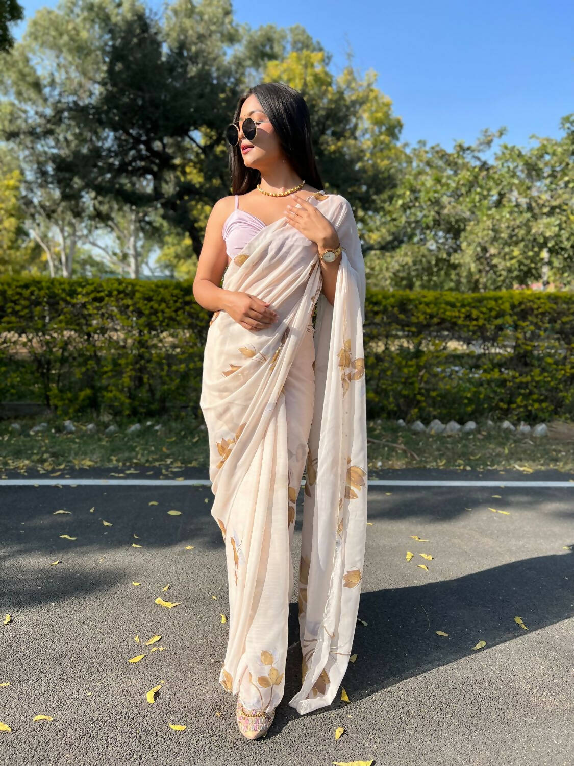 Vamsee Cream Chiffon Designer Saree | Grocsy