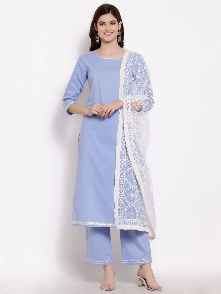 Myshka Beautiful Women's Blue Cotton 3/4 Sleeve Round Neck Solid Casual Kurta Pant Dupatta Set | Grocsy