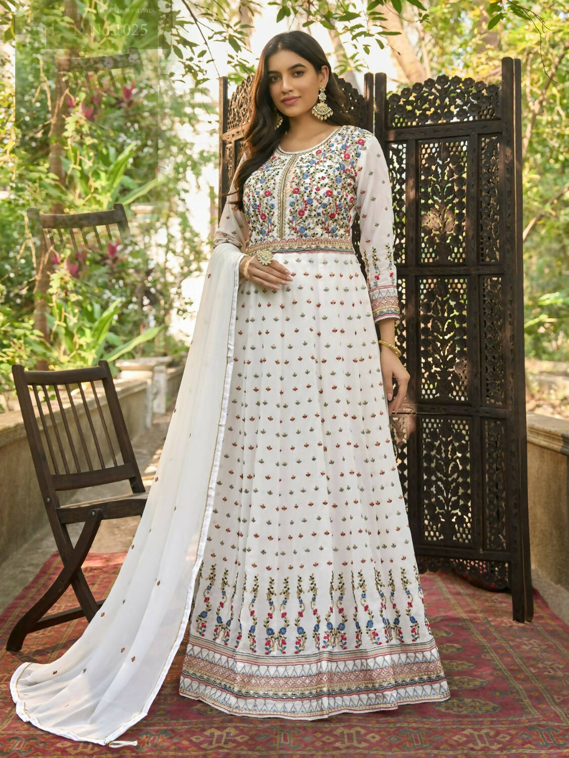 White Heavy Faux Georgette Anarkali Embroidered Kurta Set - Dhvani | Grocsy