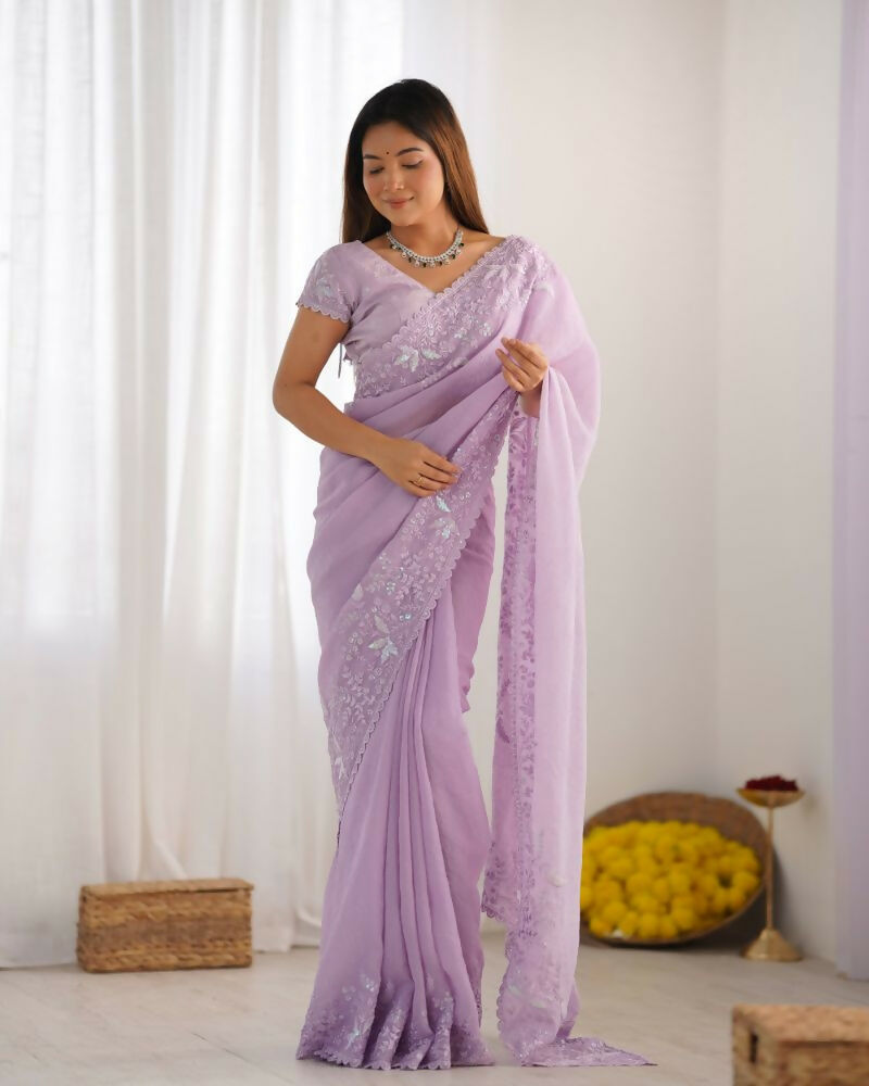 Vamsee Onam Lavender Crushed Fandy Tissue Silk Saree | Grocsy