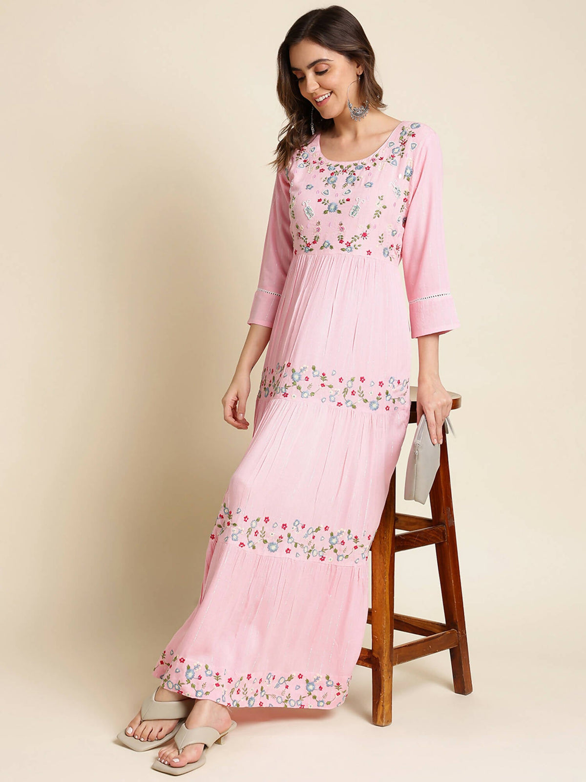 Pink Chinon Floral Embroidered Dress - Nandani | Grocsy