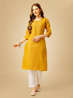 Jyoti Fashion Women's Yellow Cotton Blend Embroidered Kurta Pant Set | Grocsy