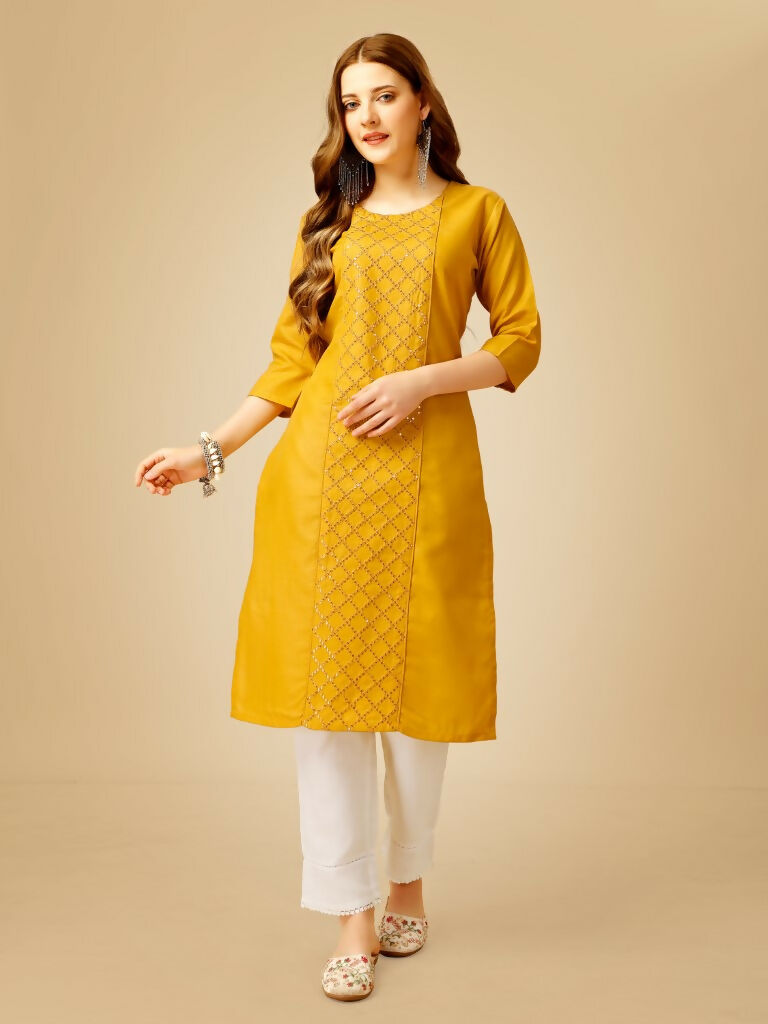 Jyoti Fashion Women's Yellow Cotton Blend Embroidered Kurta Pant Set | Grocsy