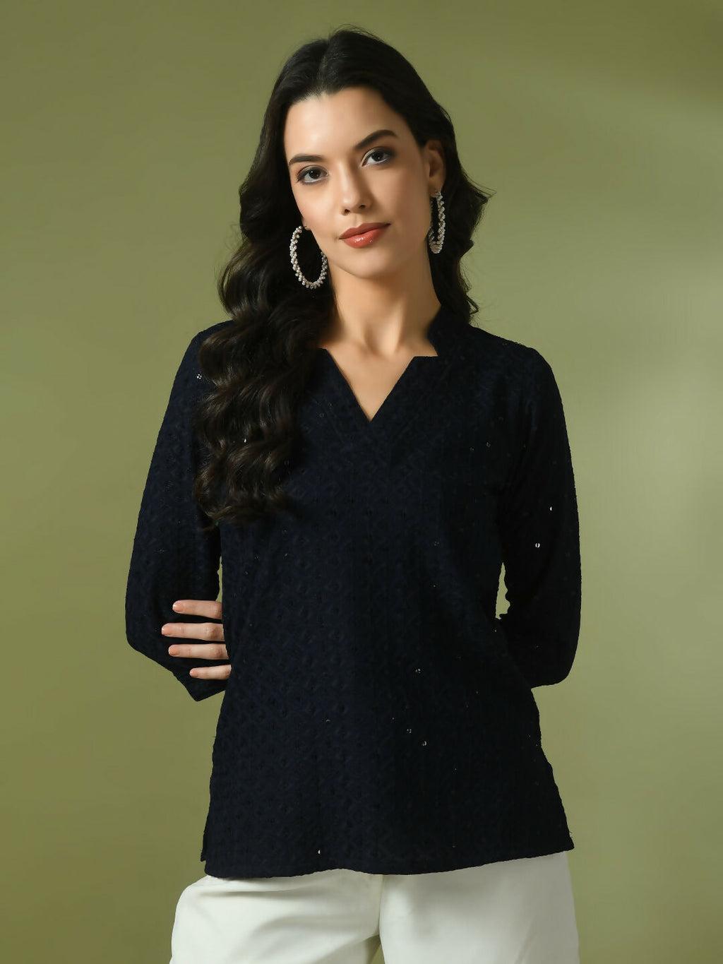 Myshka Women's Navy Blue Embellished Cotton Regular Party Tunic | Grocsy