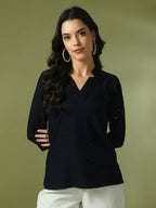 Myshka Women's Navy Blue Embellished Cotton Regular Party Tunic | Grocsy