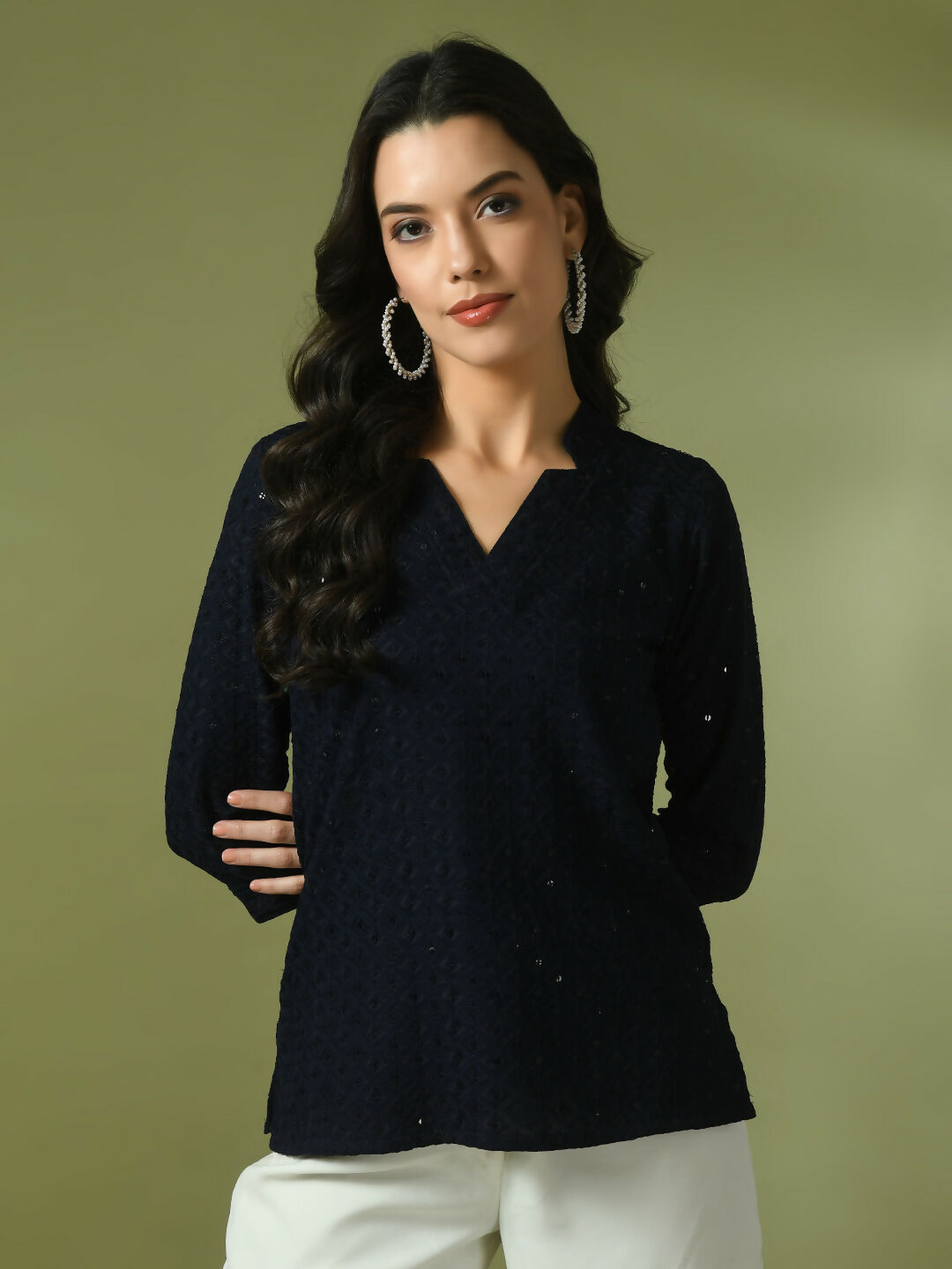Myshka Women's Navy Blue Embellished Cotton Regular Party Tunic | Grocsy