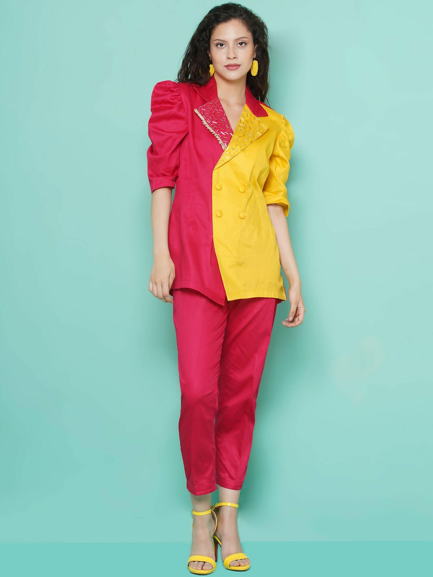 Women Republic Pink And Yellow Cotton Silk hand Embellished Coord set with Pouch | Grocsy
