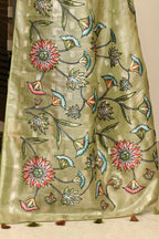 Joban Fashion Green Saree Tissue Zari Buti Allover Applick With Contrast Blouse | Grocsy
