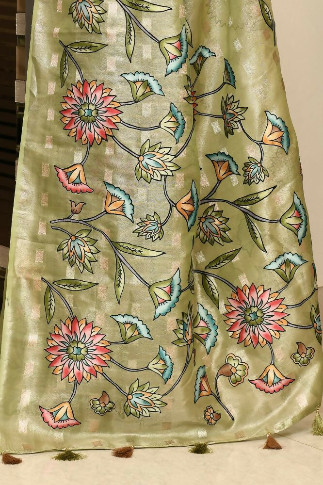 Joban Fashion Green Saree Tissue Zari Buti Allover Applick With Contrast Blouse | Grocsy