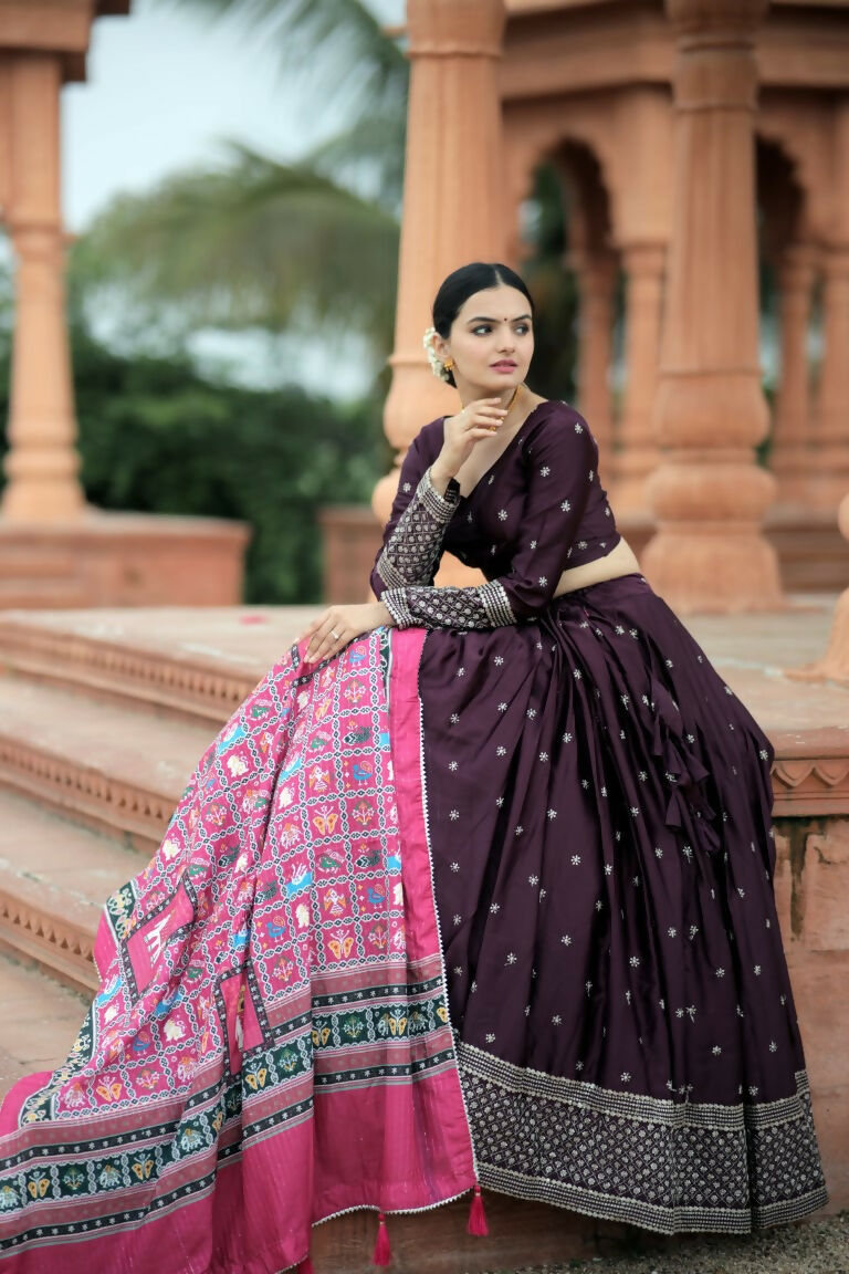Vastranavya Navaratri Collection Myra Silk Lehenga & Blouse With Maslin Crochet Printed Dupatta Set - Wine | Grocsy