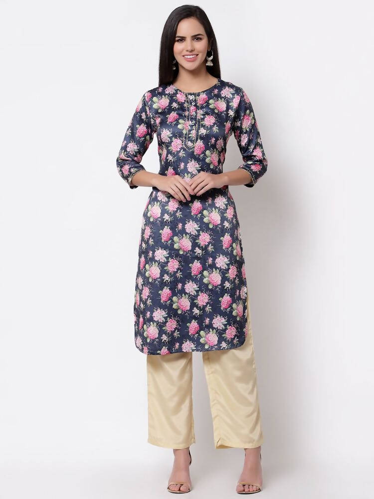 Myshka Silk Printed 3/4 Sleeve Round Neck Casual Blue Women's Kurta | Grocsy