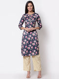 Myshka Silk Printed 3/4 Sleeve Round Neck Casual Blue Women's Kurta | Grocsy