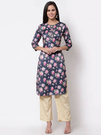 Myshka Silk Printed 3/4 Sleeve Round Neck Casual Blue Women's Kurta | Grocsy