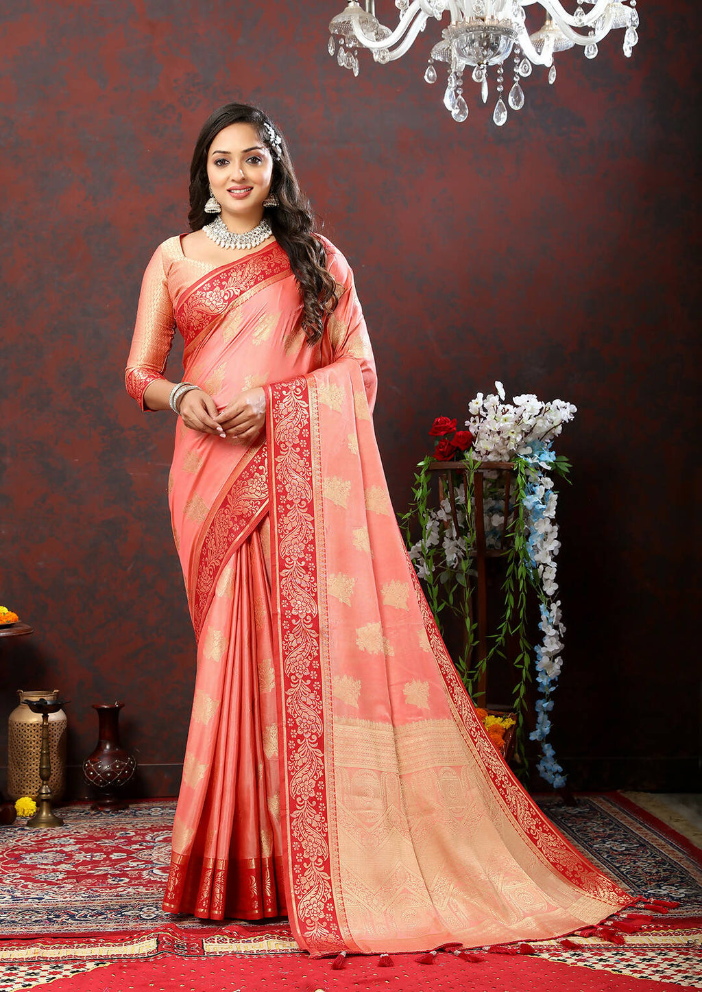 Lorenvalley Fashion Peach Cotton Woven Design with Zari Weaving Design Saree | Grocsy