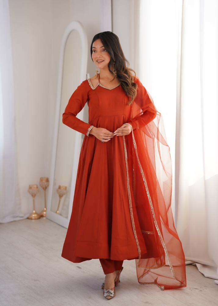 Lehenga Mart Designer Anarkali Suit With Kurta, Pant, Dupatta For Women-Rust | Grocsy