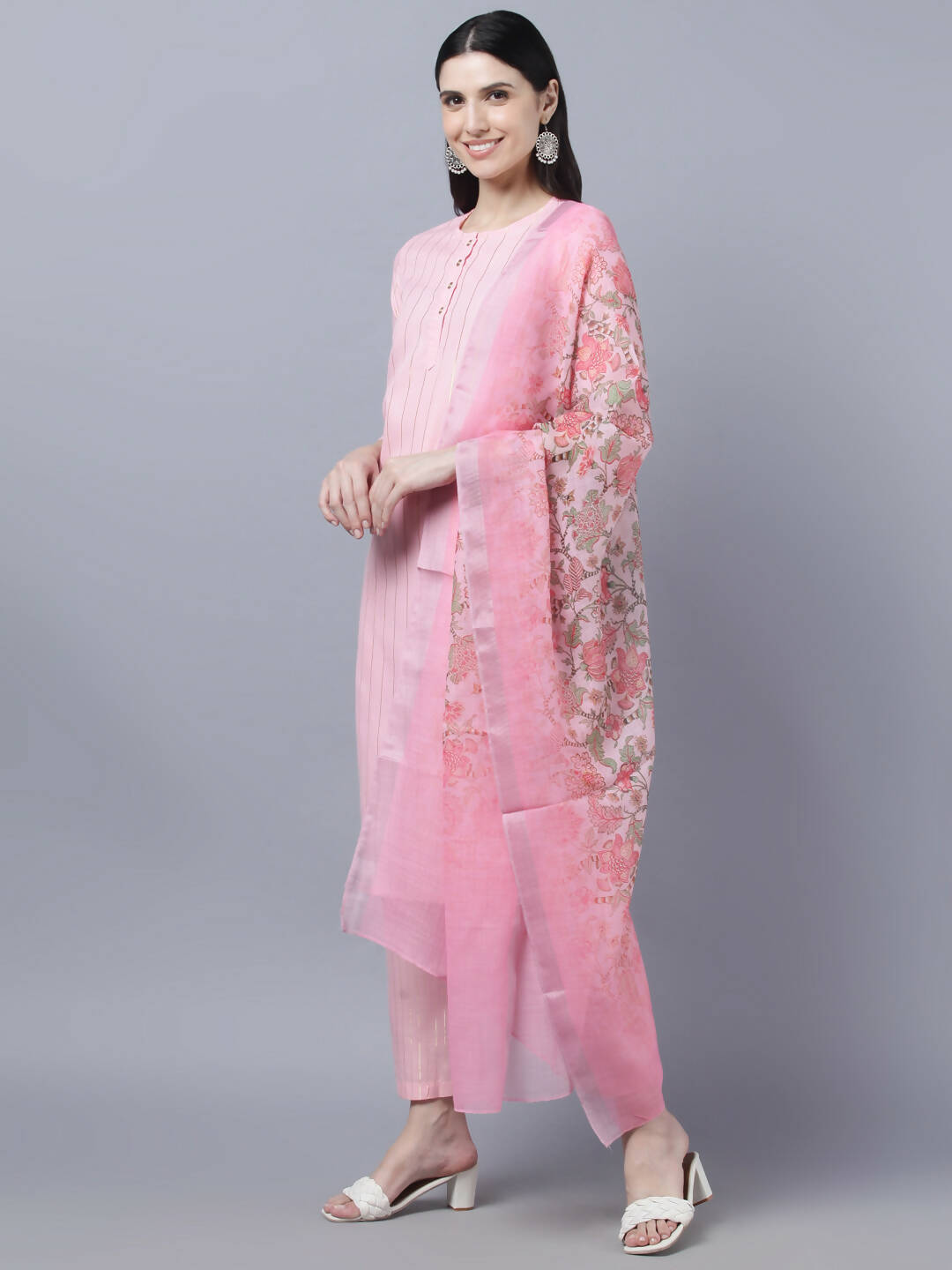 Myshka Women Pink Panelled Pure Cotton Kurta with Trousers With Dupatta Set | Grocsy