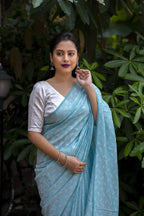 Sky Blue Poly Georgette Woven Design Saree with Unstitched Blouse - A2M | Grocsy