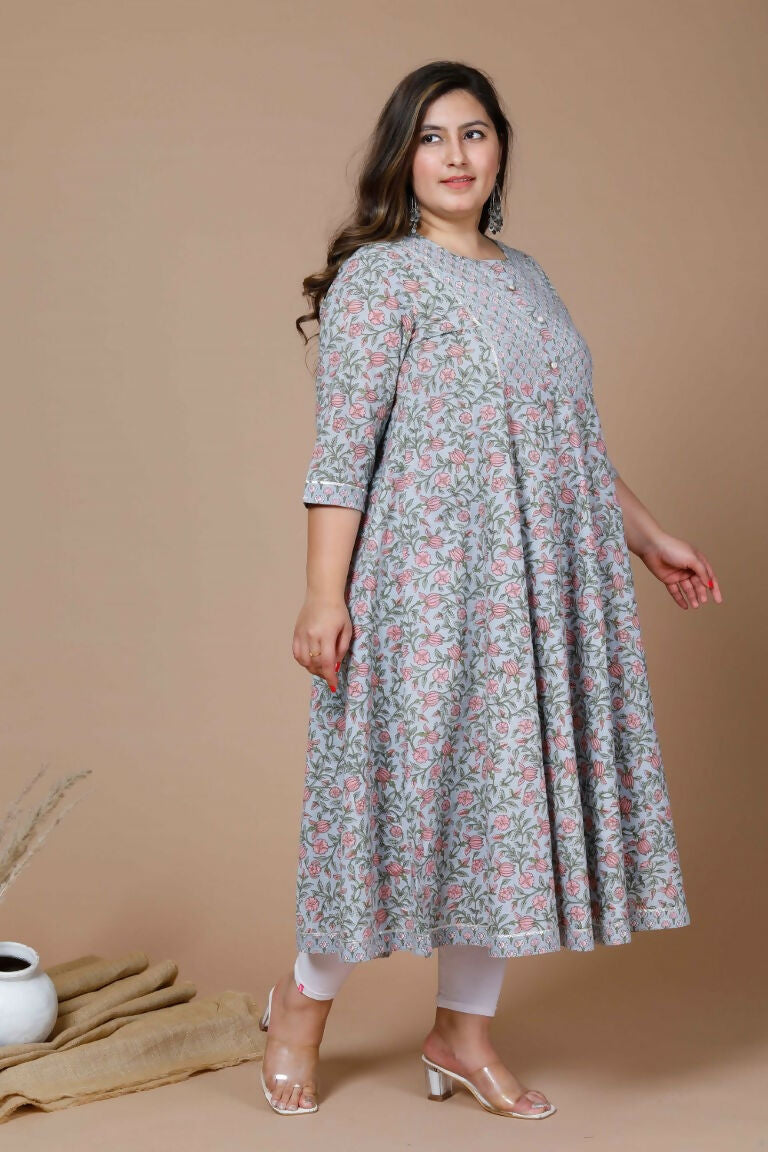 Miravan Women's Plus Size Blue Ethnic Motifs Gotta Patti Pure Cotton Anarkali Kurta | Grocsy